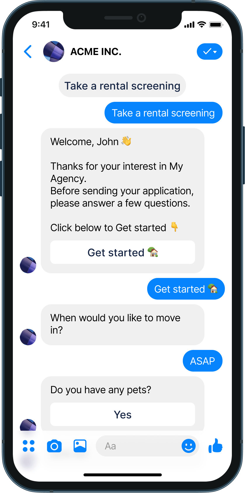 Renter checking chatbot chatbot example